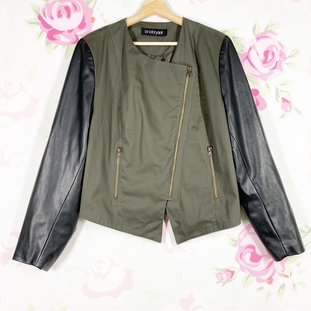 Lane Bryant Olive Army Green Black Moto Faux Leather Jacket 22 24